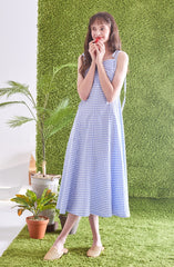 Gingham Linen Midi Dress with Tie Shoulder Straps and Flared Hem for Effortless Summer Style