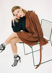 Linen Midi Dress With Contrast Trim And Puff Sleeves