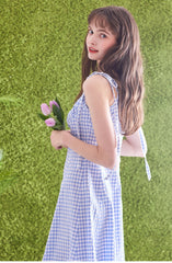 Gingham Linen Midi Dress with Tie Shoulder Straps and Flared Hem for Effortless Summer Style