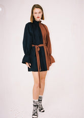 Linen Midi Dress With Contrast Trim And Puff Sleeves