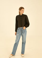 Button-Down Linen Shirt with Puff Sleeves and Tailored Collar for Modern Everyday Styling