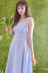 Gingham Linen Midi Dress with Tie Shoulder Straps and Flared Hem for Effortless Summer Style