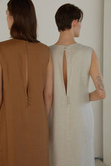 Sleeveless Linen Maxi Dress with Back Slit and Structured Silhouette for Modern Minimalism