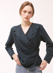 Women's Linen Wrap Blouse – Tailored Long Sleeve Linen Top with Button Detail and V-Neckline