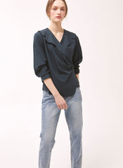 Women's Linen Wrap Blouse – Tailored Long Sleeve Linen Top with Button Detail and V-Neckline