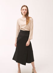 High-Waisted Linen Midi Skirt with Asymmetric Overlap and Side Button Closure for Chic Outfits