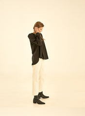 Relaxed Fit Long Sleeve Linen Shirt with Gathered Yoke Detail and Keyhole Back Closure