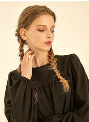 Relaxed Fit Long Sleeve Linen Shirt with Gathered Yoke Detail and Keyhole Back Closure