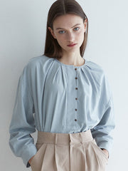 Pleated Linen Blouse with Front Button Detail and Relaxed Silhouette for Elegant Everyday Wear