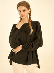 Relaxed Fit Long Sleeve Linen Shirt with Gathered Yoke Detail and Keyhole Back Closure