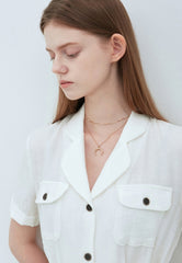 White Linen Midi Shirt Dress with Button Front, Lapel Collar, and Waist Tie Belt