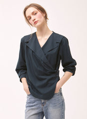 Women's Linen Wrap Blouse – Tailored Long Sleeve Linen Top with Button Detail and V-Neckline