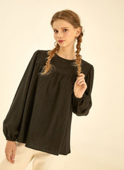 Relaxed Fit Long Sleeve Linen Shirt with Gathered Yoke Detail and Keyhole Back Closure