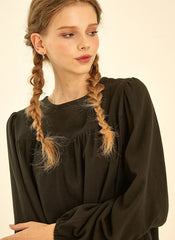 Relaxed Fit Long Sleeve Linen Shirt with Gathered Yoke Detail and Keyhole Back Closure