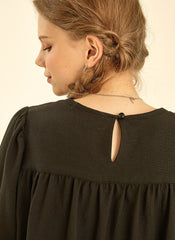 Relaxed Fit Long Sleeve Linen Shirt with Gathered Yoke Detail and Keyhole Back Closure