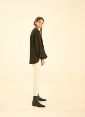 Relaxed Fit Long Sleeve Linen Shirt with Gathered Yoke Detail and Keyhole Back Closure