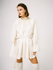 Cotton Poplin Mini Dress With Detachable Neck Scarf And Gathered Shoulders