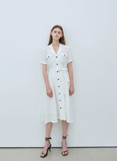 White Linen Midi Shirt Dress with Button Front, Lapel Collar, and Waist Tie Belt