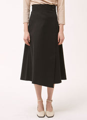 High-Waisted Linen Midi Skirt with Asymmetric Overlap and Side Button Closure for Chic Outfits