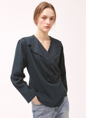 Women's Linen Wrap Blouse – Tailored Long Sleeve Linen Top with Button Detail and V-Neckline