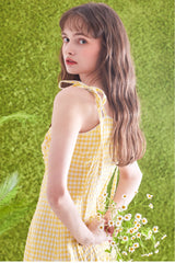 Gingham Linen Midi Dress with Adjustable Shoulder Ties and Flattering A-Line Silhouette