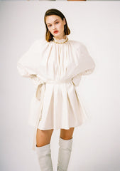 Cotton Poplin Mini Dress With Detachable Neck Scarf And Gathered Shoulders
