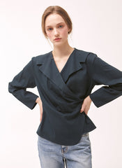 Women's Linen Wrap Blouse – Tailored Long Sleeve Linen Top with Button Detail and V-Neckline