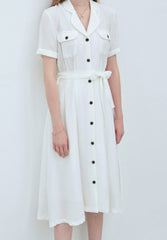 White Linen Midi Shirt Dress with Button Front, Lapel Collar, and Waist Tie Belt