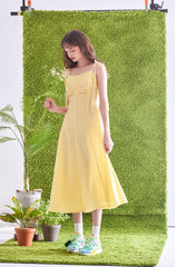 Gingham Linen Midi Dress with Adjustable Shoulder Ties and Flattering A-Line Silhouette