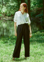 Lace-Trimmed Linen Blouse with 3/4 Sleeves and Textured Stitching for Timeless Charm