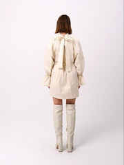 Cotton Poplin Mini Dress With Detachable Neck Scarf And Gathered Shoulders