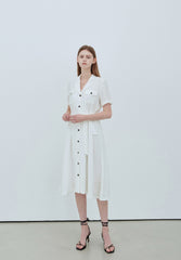 White Linen Midi Shirt Dress with Button Front, Lapel Collar, and Waist Tie Belt