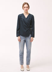 Women's Linen Wrap Blouse – Tailored Long Sleeve Linen Top with Button Detail and V-Neckline