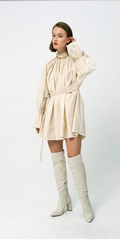 Cotton Poplin Mini Dress With Detachable Neck Scarf And Gathered Shoulders