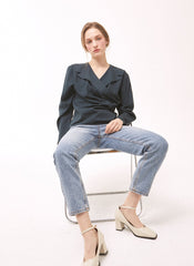 Women's Linen Wrap Blouse – Tailored Long Sleeve Linen Top with Button Detail and V-Neckline