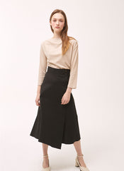 High-Waisted Linen Midi Skirt with Asymmetric Overlap and Side Button Closure for Chic Outfits