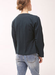 Women's Linen Wrap Blouse – Tailored Long Sleeve Linen Top with Button Detail and V-Neckline