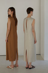 Sleeveless Linen Maxi Dress with Back Slit and Structured Silhouette for Modern Minimalism
