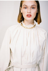 Cotton Poplin Mini Dress With Detachable Neck Scarf And Gathered Shoulders