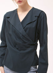 Women's Linen Wrap Blouse – Tailored Long Sleeve Linen Top with Button Detail and V-Neckline