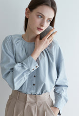 Pleated Linen Blouse with Front Button Detail and Relaxed Silhouette for Elegant Everyday Wear