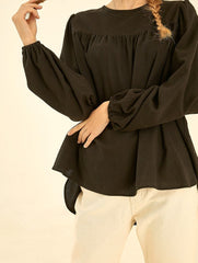 Relaxed Fit Long Sleeve Linen Shirt with Gathered Yoke Detail and Keyhole Back Closure