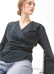 Women's Linen Wrap Blouse – Tailored Long Sleeve Linen Top with Button Detail and V-Neckline