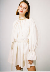 Cotton Poplin Mini Dress With Detachable Neck Scarf And Gathered Shoulders