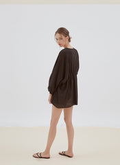 Relaxed Fit Linen Top with Gathered Waist and Deep V-Neckline for Effortless Statement Styling