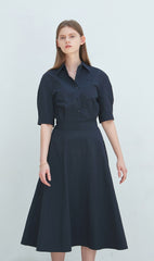 Cotton Poplin Midi Shirt Dress with Elbow-Length Sleeves and Structured Fit-and-Flare Silhouette