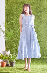 Striped Linen Midi Dress with Square Neckline, Waist Tie, and Double-Breasted Button Detail