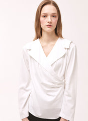 Women's White Linen Wrap Blouse – Long Sleeve V-Neck Linen Shirt with Tailored Button Detail