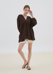 Relaxed Fit Linen Top with Gathered Waist and Deep V-Neckline for Effortless Statement Styling