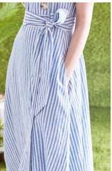 Striped Linen Midi Dress with Square Neckline, Waist Tie, and Double-Breasted Button Detail